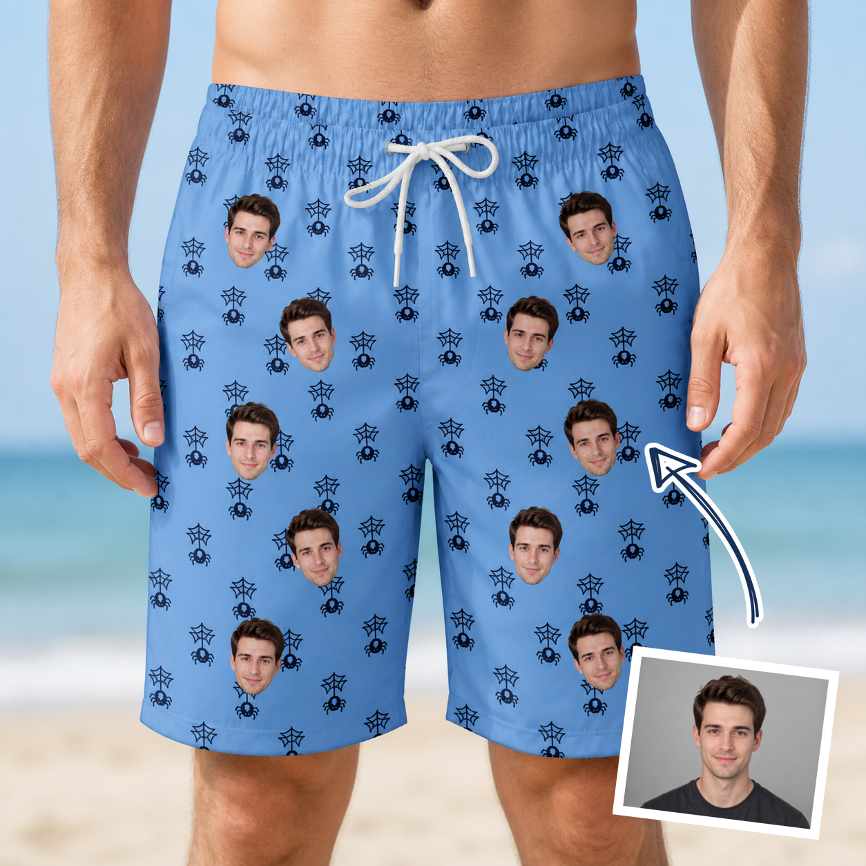 Man wearing Men's Orb Weaver Custom Face Beach Shorts — custom faces printed all-over
