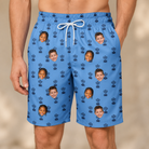 Model wearing Men's Orb Weaver Custom Face Beach Shorts printed with kids' faces