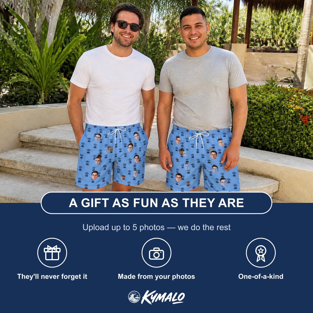 Friends in matching Men's Orb Weaver Custom Face Beach Shorts — a group gift photo
