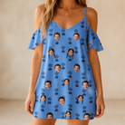Model wearing Women's Orb Weaver Custom Face Off-Shoulder Dress printed with kids' faces