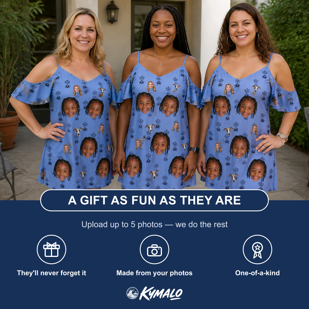 Friends in matching Women's Orb Weaver Custom Face Off-Shoulder Dress — a group gift photo