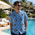 Real-life photo of someone wearing Men's Orb Weaver Custom Face Hawaiian Shirt — custom faces printed all-over