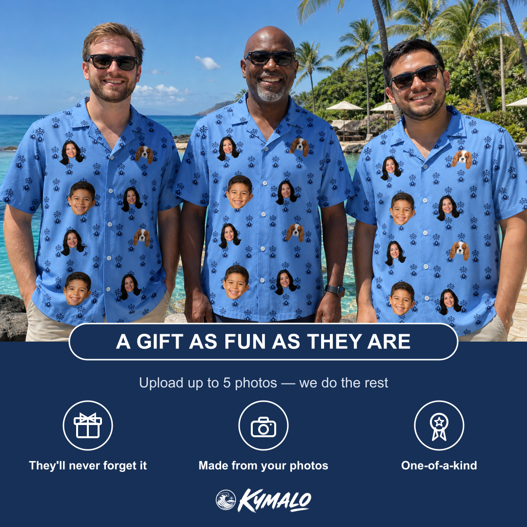 Friends in matching Men's Orb Weaver Custom Face Hawaiian Shirt — a group gift photo