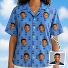 Woman wearing Women's Orb Weaver Custom Face Hawaiian Shirt — custom faces printed all-over