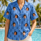 Model wearing Women's Orb Weaver Custom Face Hawaiian Shirt printed with kids' faces