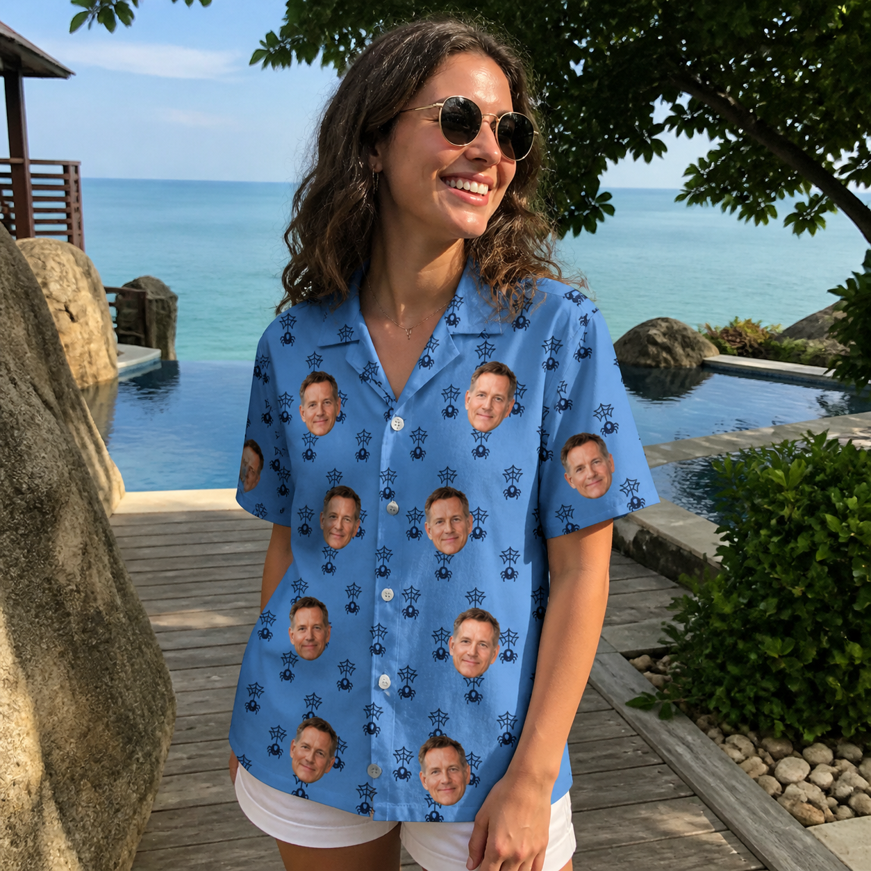 Real-life photo of someone wearing Women's Orb Weaver Custom Face Hawaiian Shirt — custom faces printed all-over