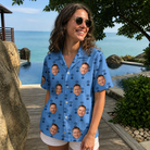 Real-life photo of someone wearing Women's Orb Weaver Custom Face Hawaiian Shirt — custom faces printed all-over