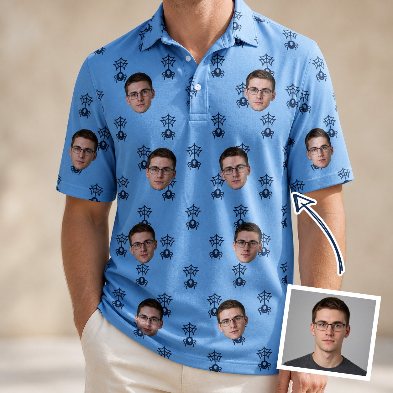 Man wearing Men's Orb Weaver Custom Face Polo Shirt — custom faces printed all-over