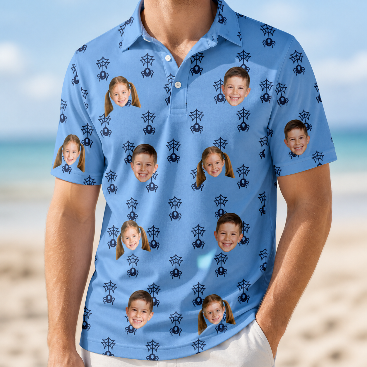 Model wearing Men's Orb Weaver Custom Face Polo Shirt printed with kids' faces
