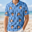Model wearing Men's Orb Weaver Custom Face Polo Shirt printed with kids' faces