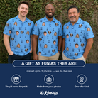 Friends in matching Men's Orb Weaver Custom Face Polo Shirt — a group gift photo