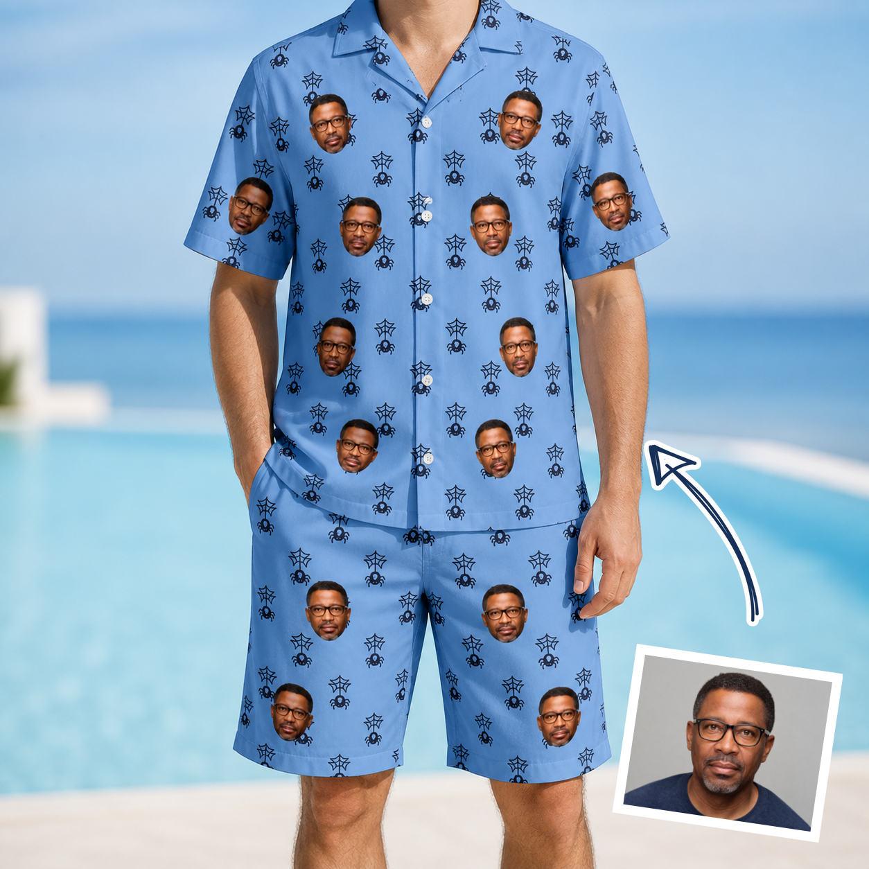Man wearing Men's Orb Weaver Custom Face Shirt & Shorts Set — custom faces printed all-over
