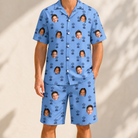 Model wearing Men's Orb Weaver Custom Face Shirt & Shorts Set printed with kids' faces