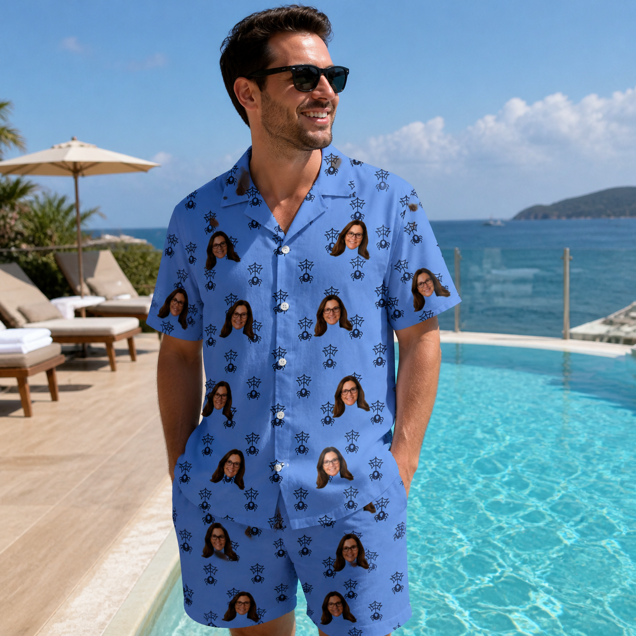 Real-life photo of someone wearing Men's Orb Weaver Custom Face Shirt & Shorts Set — custom faces printed all-over