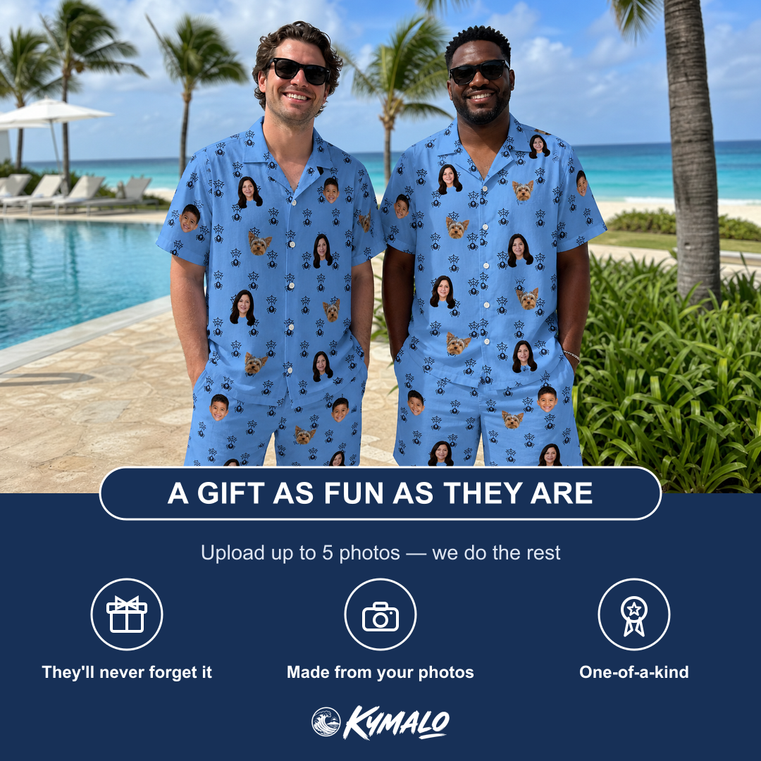 Friends in matching Men's Orb Weaver Custom Face Shirt & Shorts Set — a group gift photo