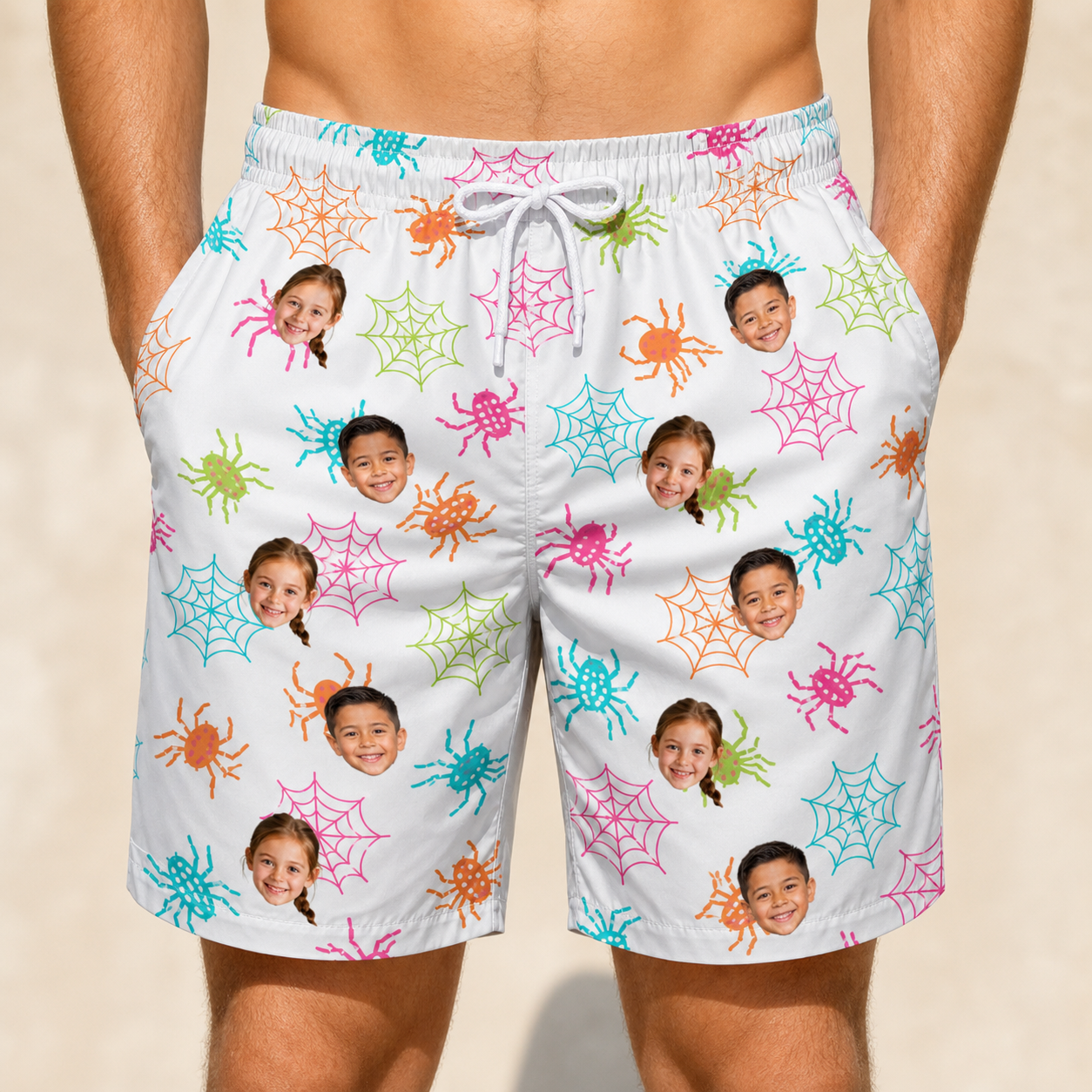 Model wearing Men's Threaded Thrills Custom Face Beach Shorts printed with kids' faces