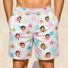 Model wearing Men's Threaded Thrills Custom Face Beach Shorts printed with kids' faces