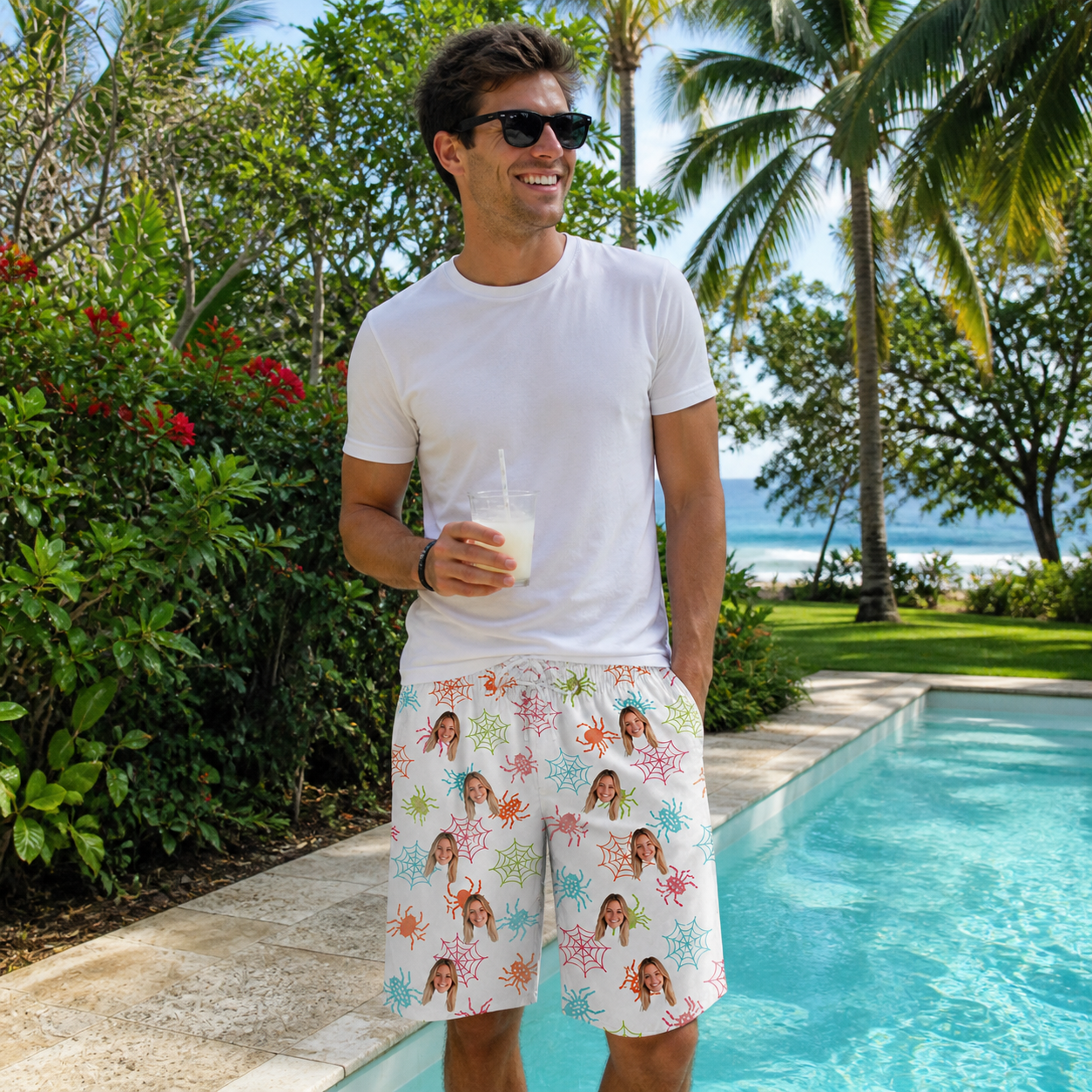 Real-life photo of someone wearing Men's Threaded Thrills Custom Face Beach Shorts — custom faces printed all-over