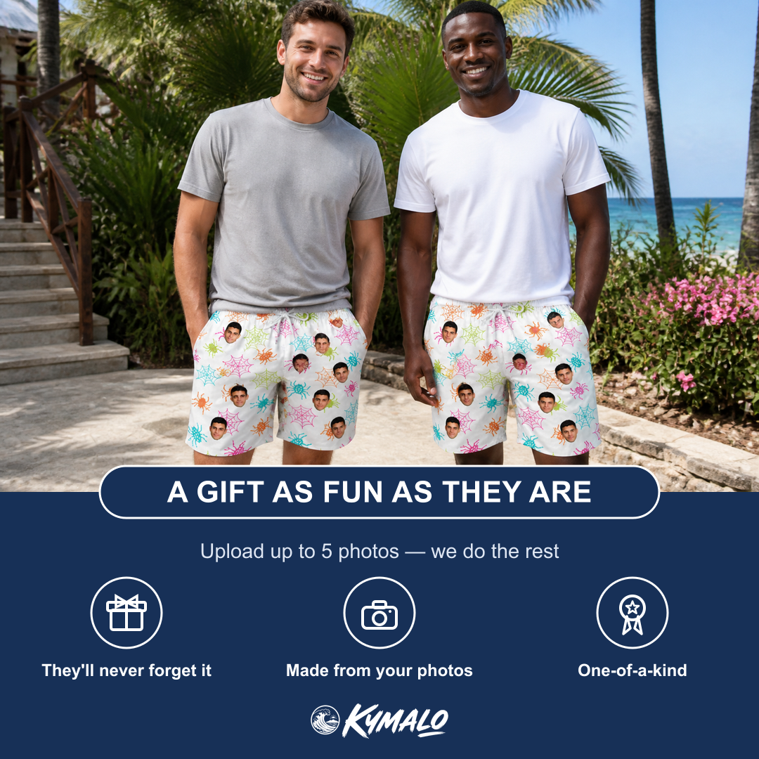 Friends in matching Men's Threaded Thrills Custom Face Beach Shorts — a group gift photo
