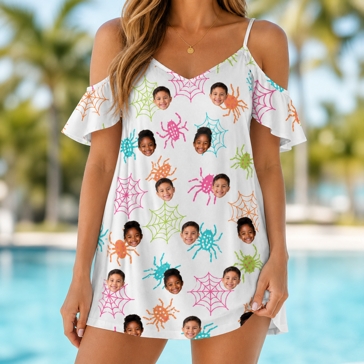 Model wearing Women's Threaded Thrills Custom Face Off-Shoulder Dress printed with kids' faces