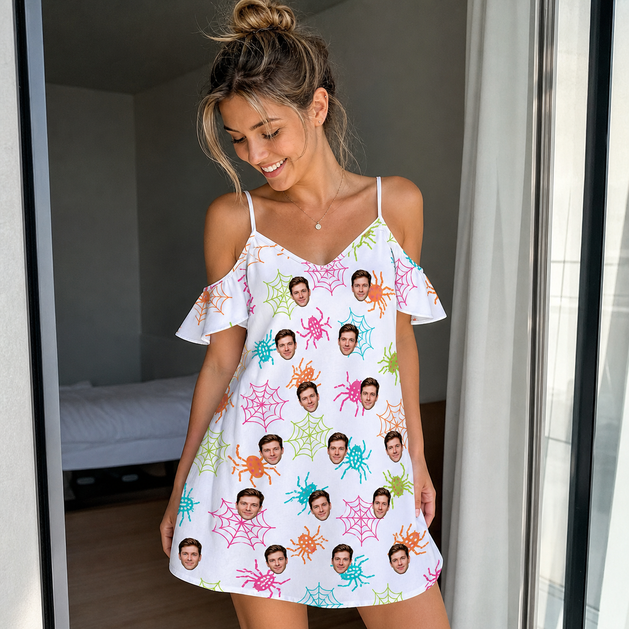 Real-life photo of someone wearing Women's Threaded Thrills Custom Face Off-Shoulder Dress — custom faces printed all-over