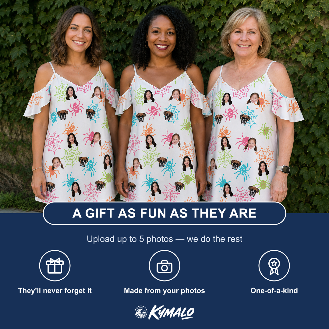 Friends in matching Women's Threaded Thrills Custom Face Off-Shoulder Dress — a group gift photo