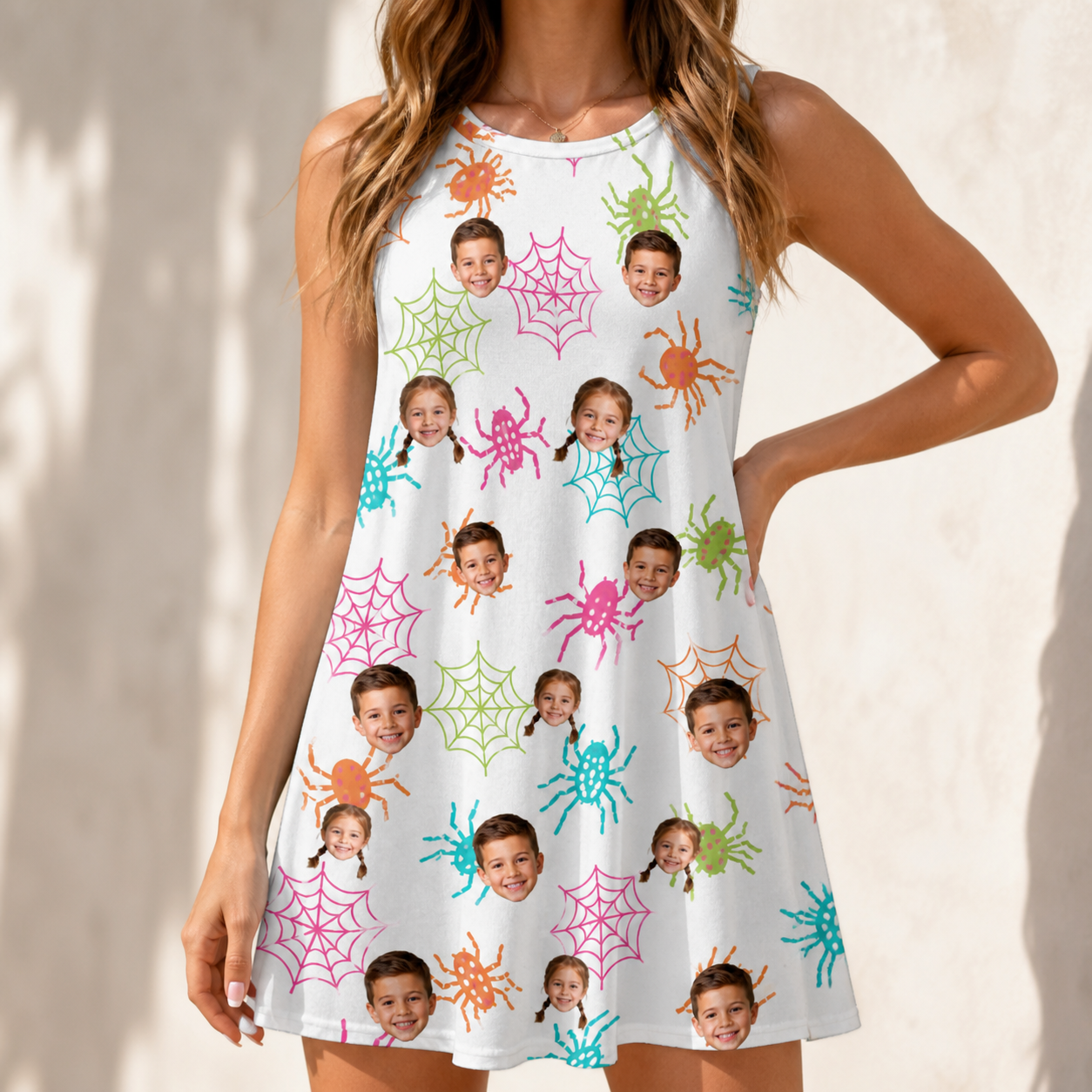 Model wearing Women's Threaded Thrills Custom Face Tank Dress printed with kids' faces