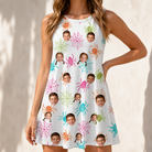Model wearing Women's Threaded Thrills Custom Face Tank Dress printed with kids' faces