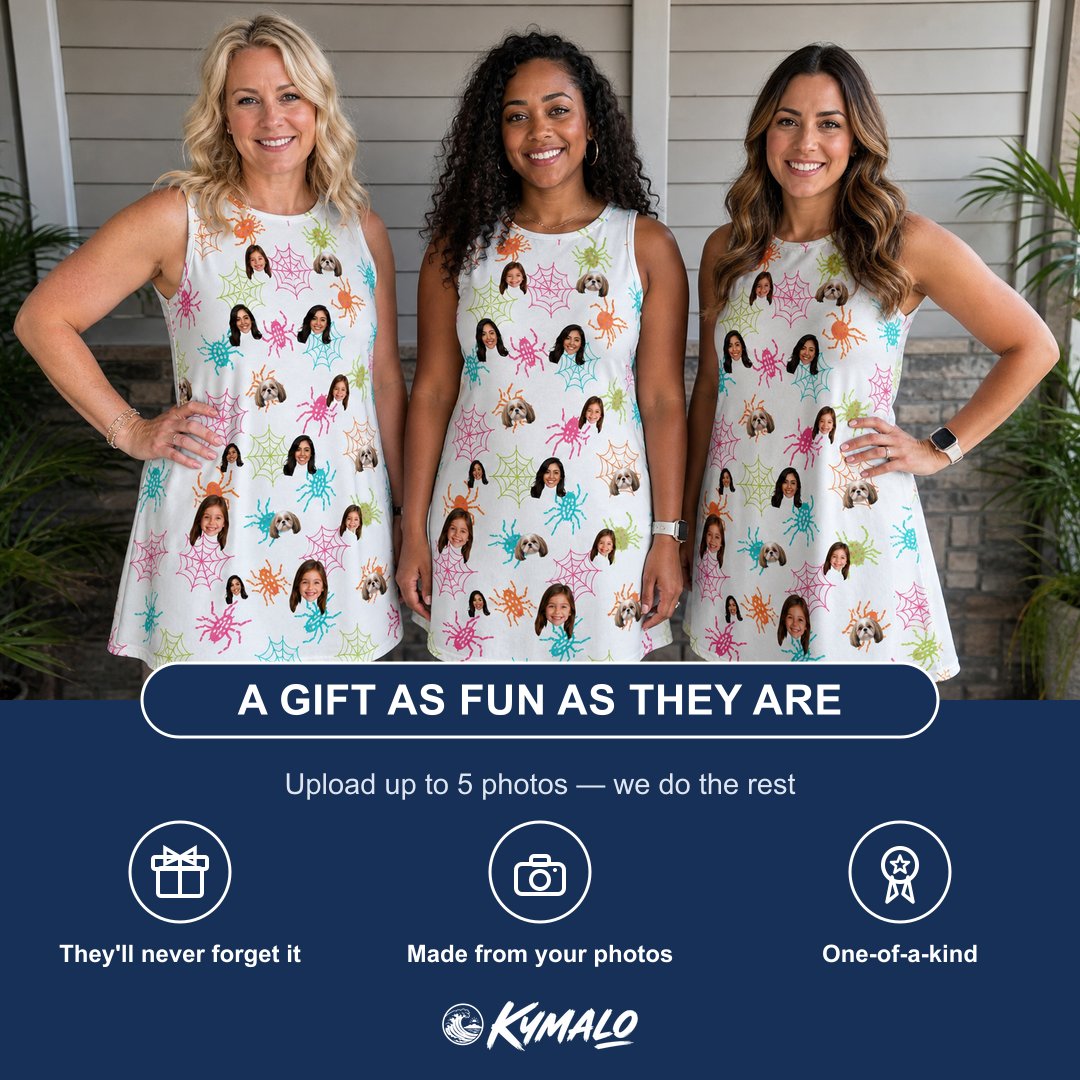 Friends in matching Women's Threaded Thrills Custom Face Tank Dress — a group gift photo