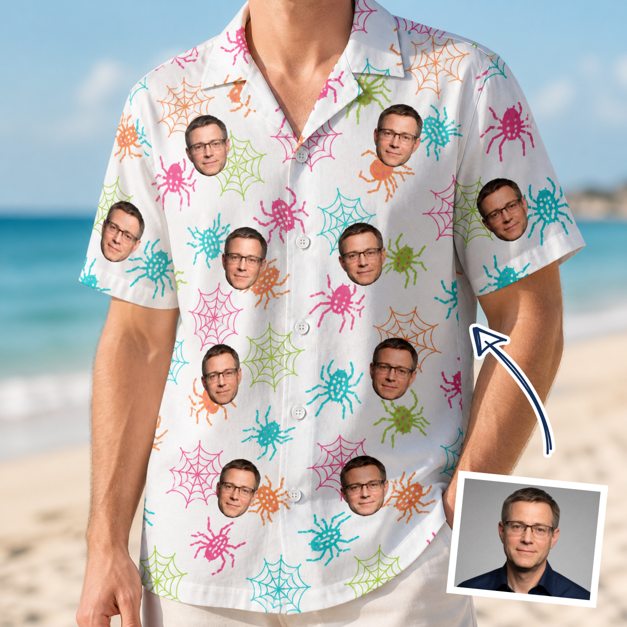 Man wearing Men's Threaded Thrills Custom Face Hawaiian Shirt — custom faces printed all-over
