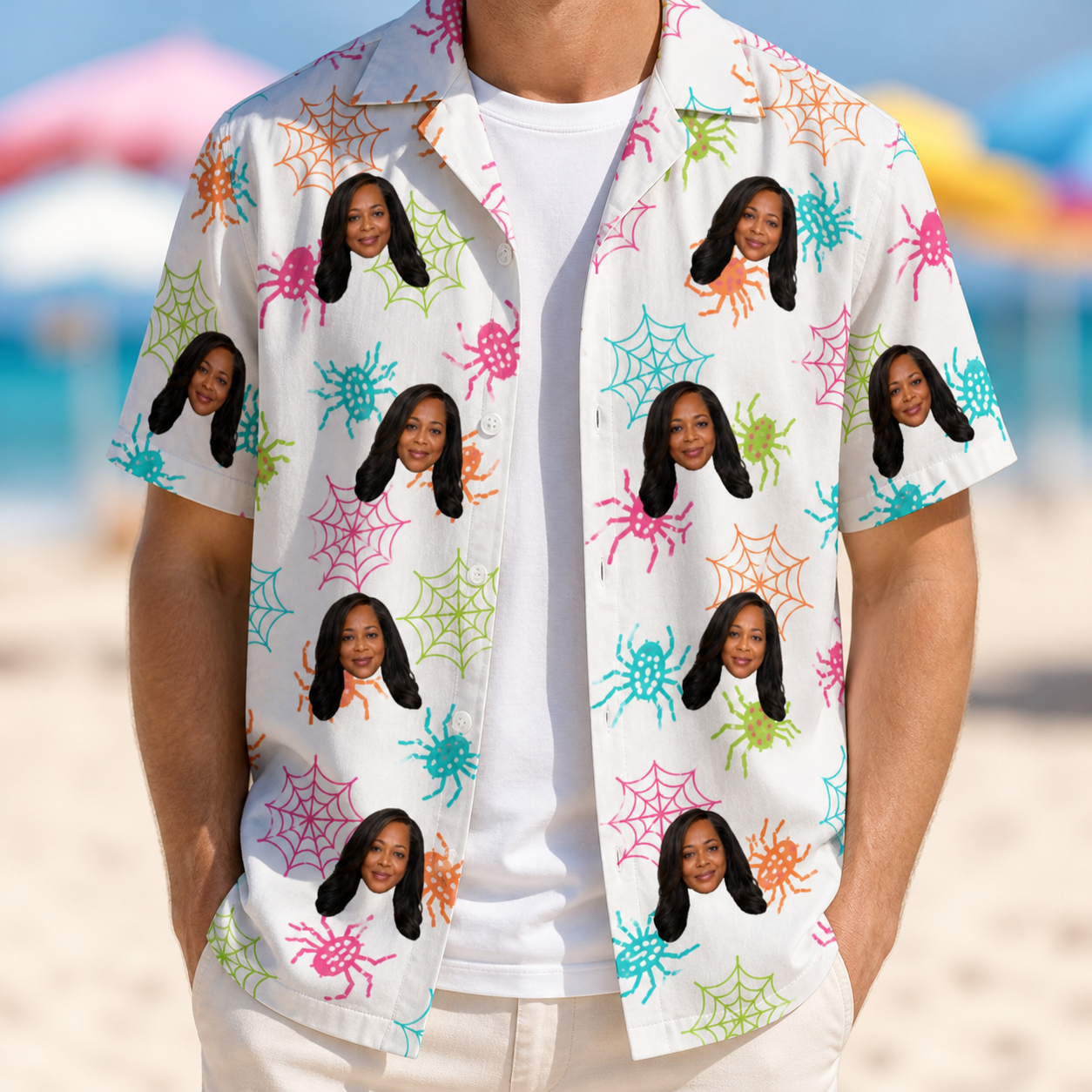 Man wearing Men's Threaded Thrills Custom Face Hawaiian Shirt open over a white tee