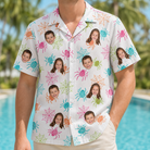 Model wearing Men's Threaded Thrills Custom Face Hawaiian Shirt printed with kids' faces