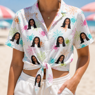 Woman wearing Women's Threaded Thrills Custom Face Hawaiian Shirt tied at the waist