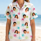 Model wearing Women's Threaded Thrills Custom Face Hawaiian Shirt printed with kids' faces