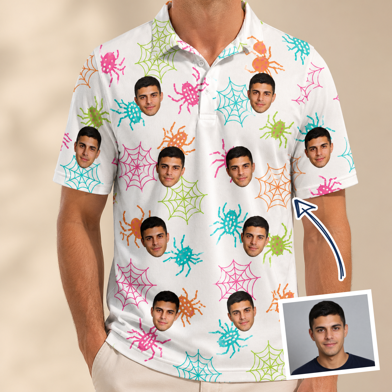Man wearing Men's Threaded Thrills Custom Face Polo Shirt — custom faces printed all-over