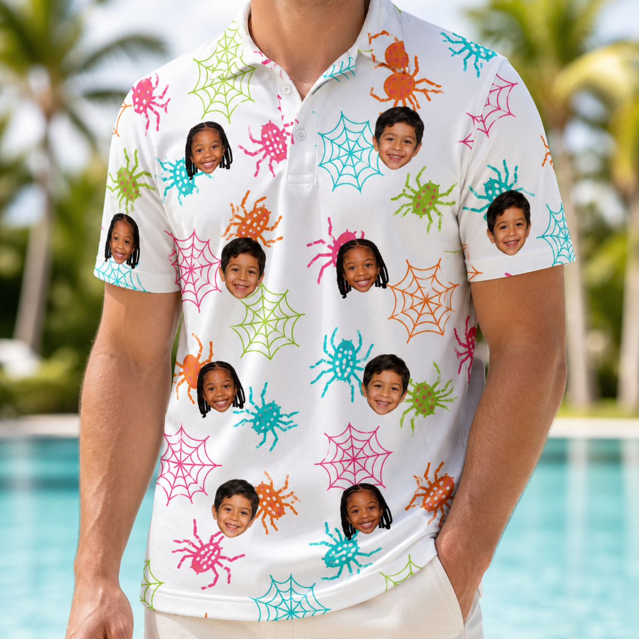 Model wearing Men's Threaded Thrills Custom Face Polo Shirt printed with kids' faces