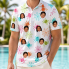 Model wearing Men's Threaded Thrills Custom Face Polo Shirt printed with kids' faces