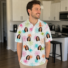 Real-life photo of someone wearing Men's Threaded Thrills Custom Face Polo Shirt — custom faces printed all-over