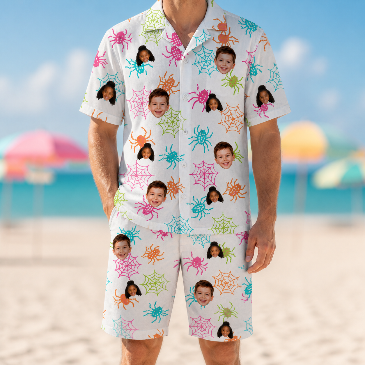 Model wearing Men's Threaded Thrills Custom Face Shirt & Shorts Set printed with kids' faces