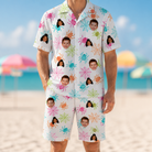 Model wearing Men's Threaded Thrills Custom Face Shirt & Shorts Set printed with kids' faces
