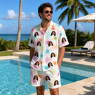 Real-life photo of someone wearing Men's Threaded Thrills Custom Face Shirt & Shorts Set — custom faces printed all-over