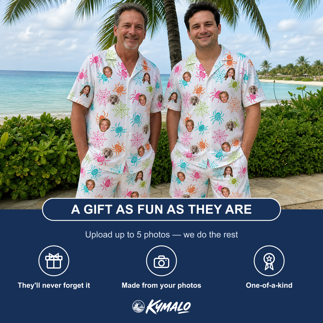 Friends in matching Men's Threaded Thrills Custom Face Shirt & Shorts Set — a group gift photo