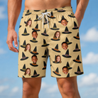 Model wearing Men's Coven Couture Custom Face Beach Shorts printed with kids' faces