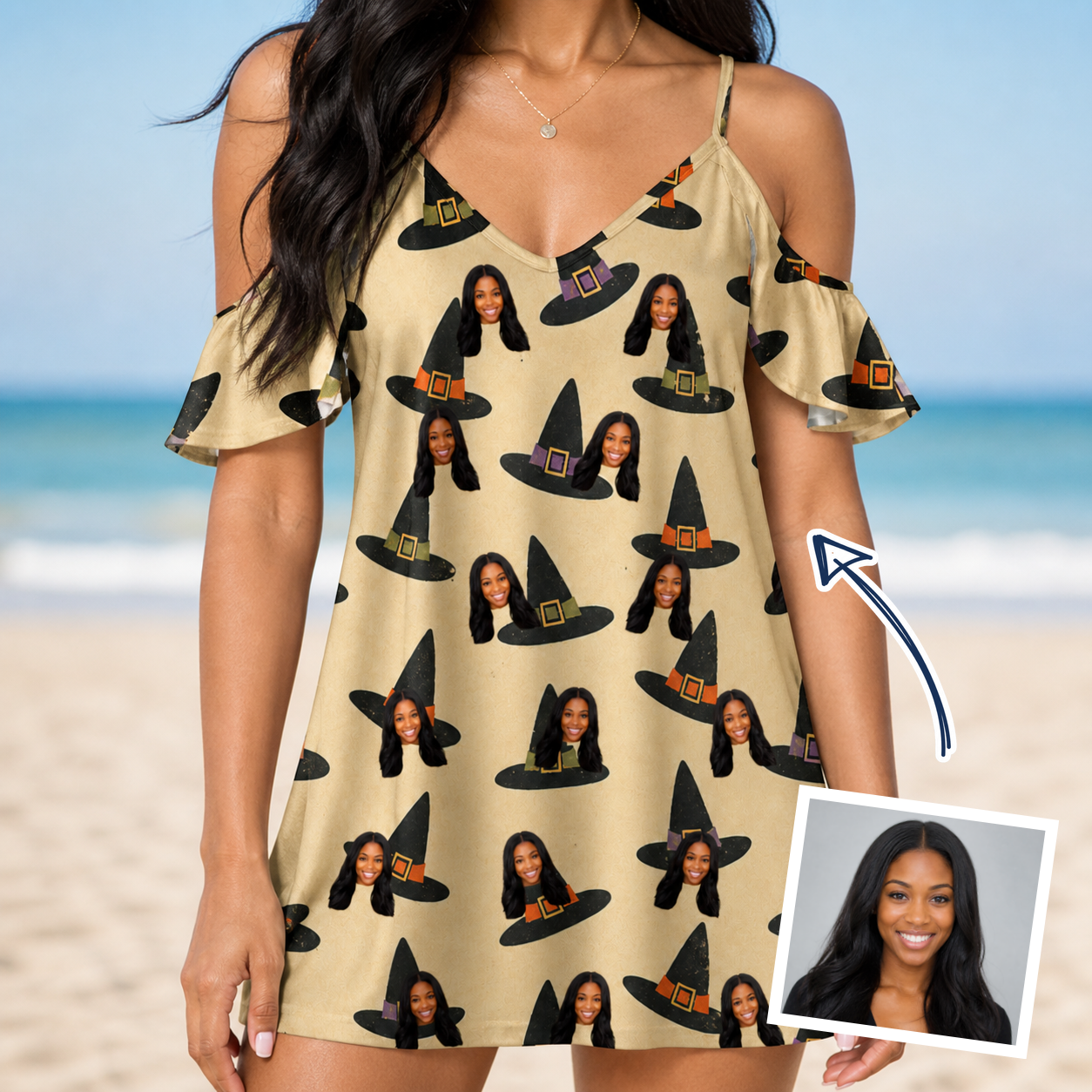 Woman wearing Women's Coven Couture Custom Face Off-Shoulder Dress — custom faces printed all-over