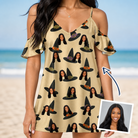 Woman wearing Women's Coven Couture Custom Face Off-Shoulder Dress — custom faces printed all-over