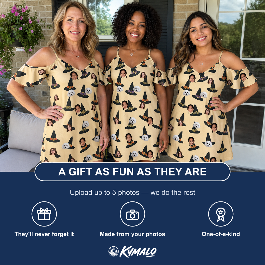 Friends in matching Women's Coven Couture Custom Face Off-Shoulder Dress — a group gift photo