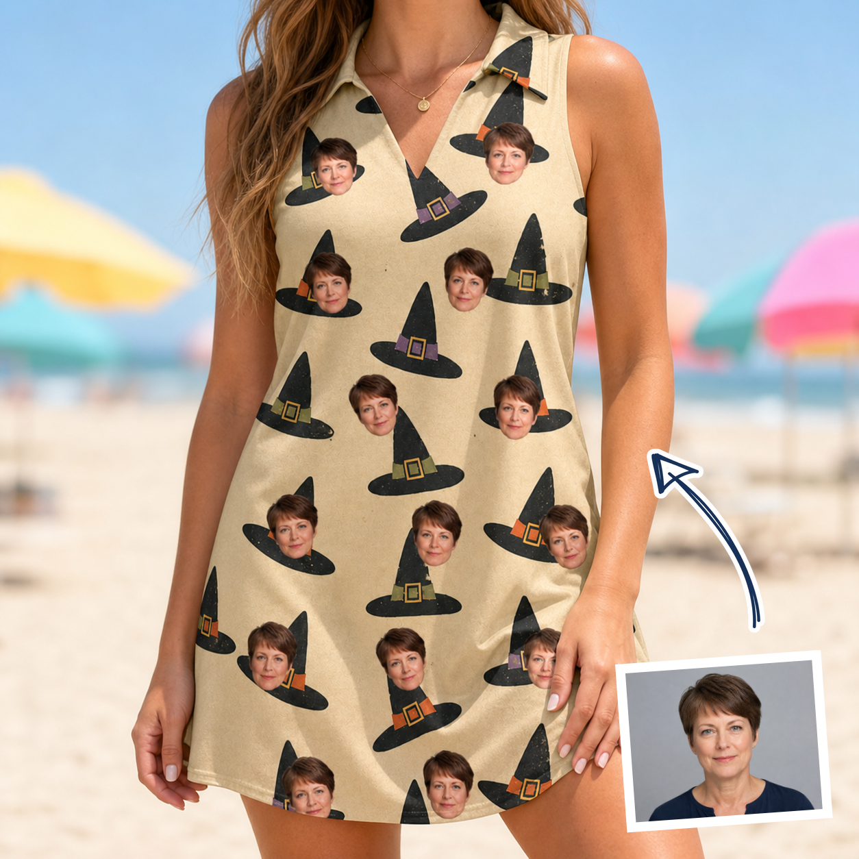 Woman wearing Women's Coven Couture Custom Face V-Neck Dress — custom faces printed all-over