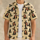 Man wearing Men's Coven Couture Custom Face Hawaiian Shirt open over a white tee