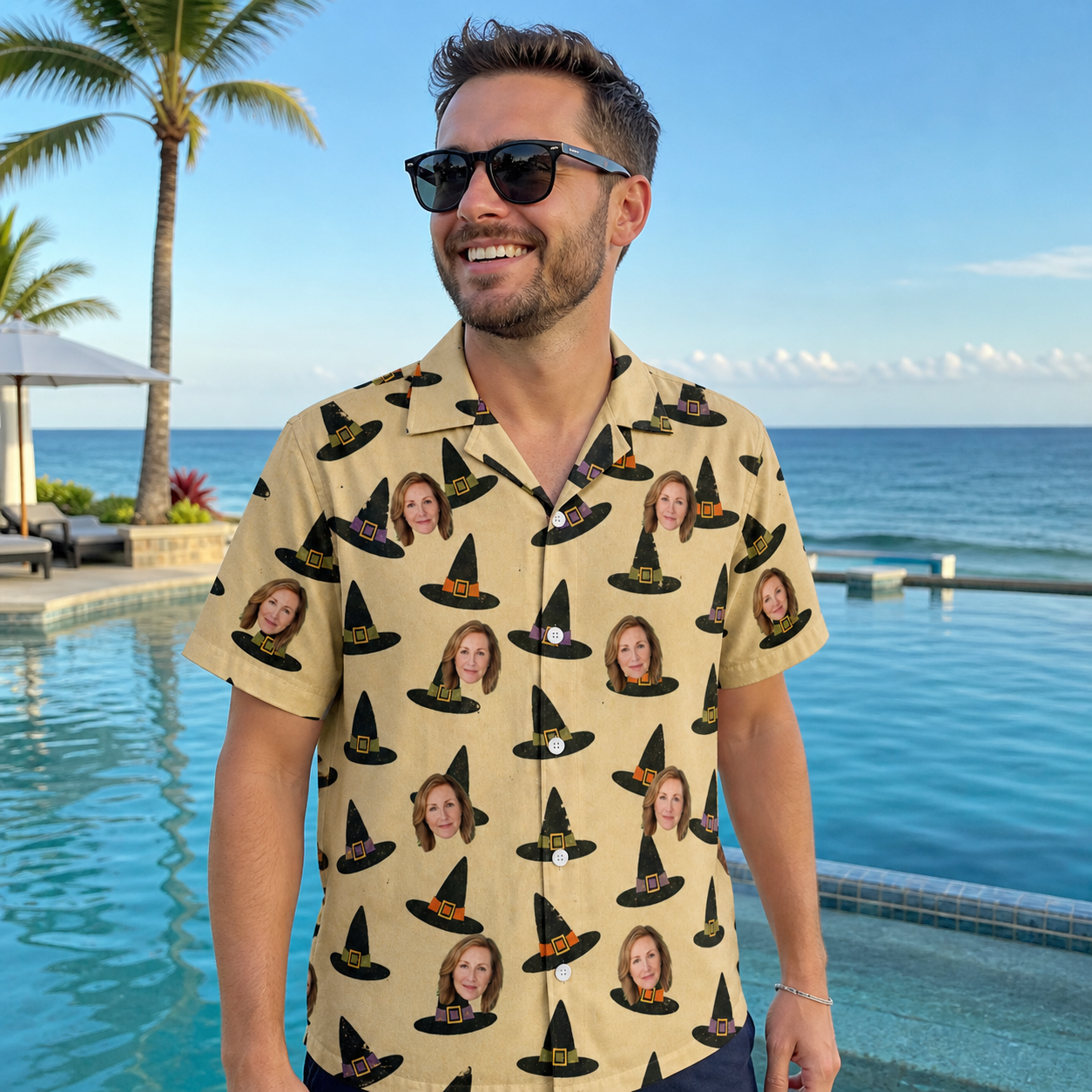 Real-life photo of someone wearing Men's Coven Couture Custom Face Hawaiian Shirt — custom faces printed all-over