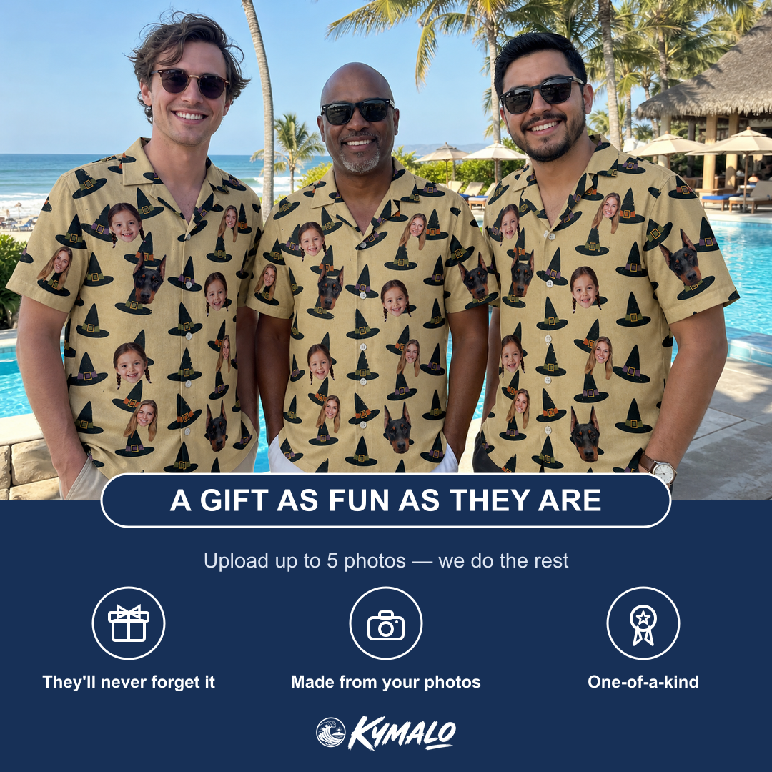 Friends in matching Men's Coven Couture Custom Face Hawaiian Shirt — a group gift photo
